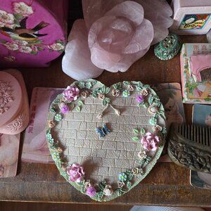 Vtg Rose Heart Shape Jewelry Tray Romantic Ring Display Fairycore Whimsy Cottage